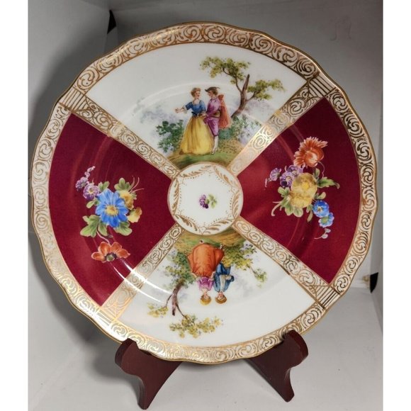 Dresden Richard Klemm Red Quatrefoil Plate Size 7-7/8” Burgundy Germany (A) - Picture 2 of 9